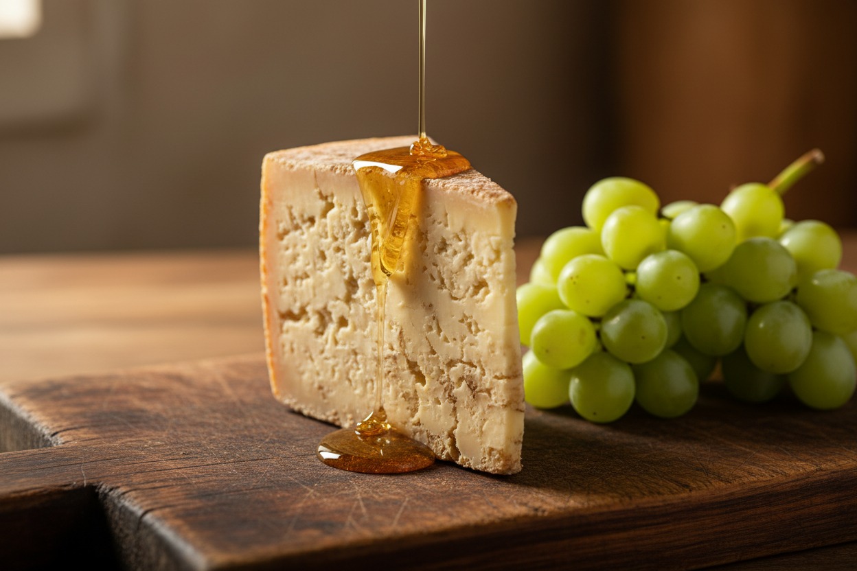 Miele che cola su una fetta di formaggio stagionato accanto a un grappolo d'uva verde su un tagliere di legno.