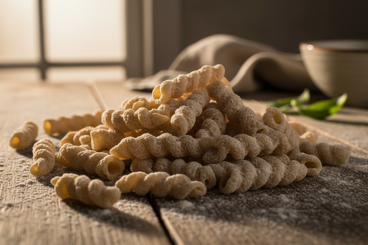 Mucchio di pasta corta tipo fusilli crudi spolverati di farina su un tavolo di legno.