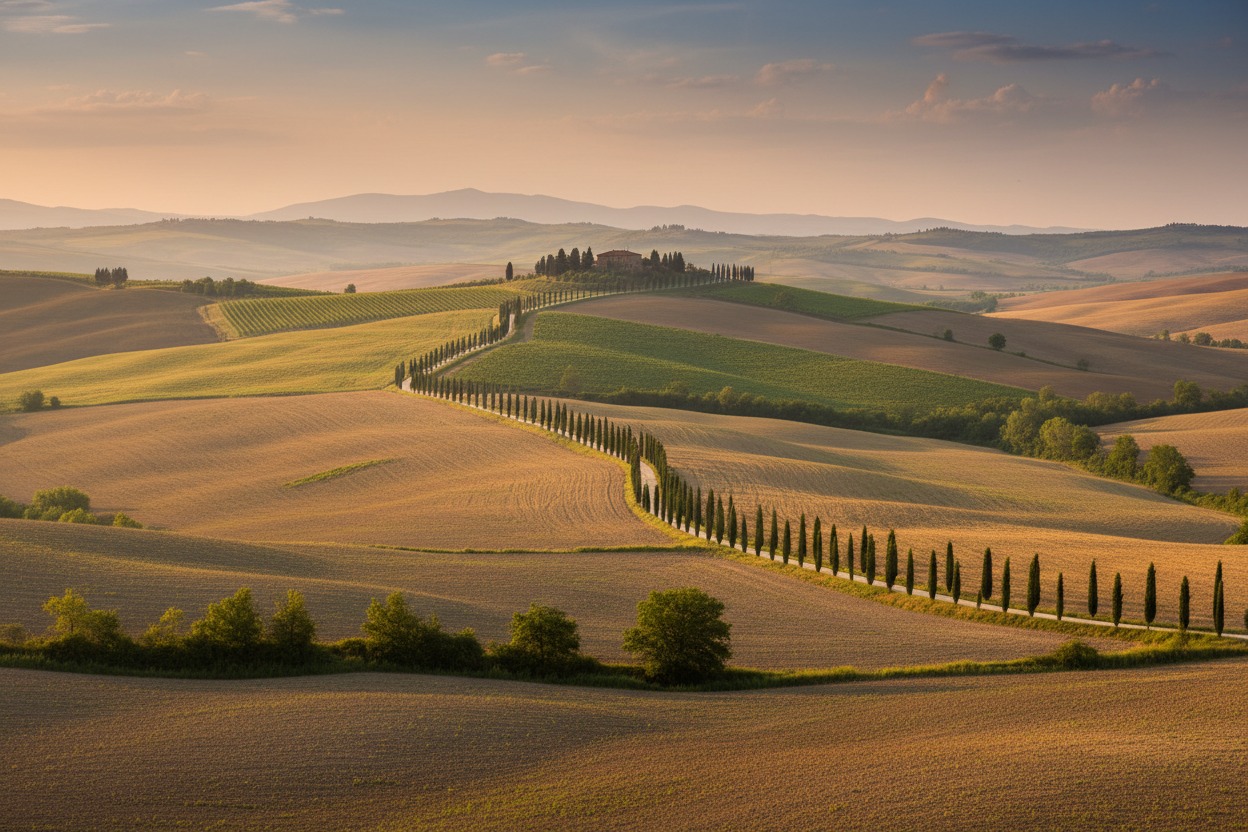 Strada sinuosa fiancheggiata da cipressi che attraversa le colline dorate della Val d'Orcia in Toscana al tramonto.